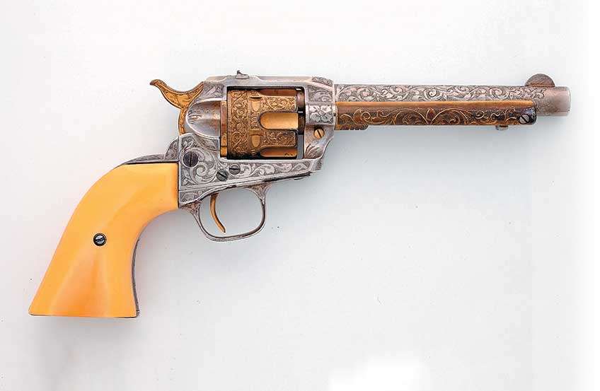 Engraved by Cole Agee, this historic Ruger Single Six enjoys the distinction of being the first engraved Ruger revolver shipped from the Red Barn. It is gold- and silver-plated and carries an inscription on its backstrap that reads: "To John T. Amber With The Compliments of Col. Ruger." The gun also graced the cover of The Gun Digest's 8th Edition in 1954.